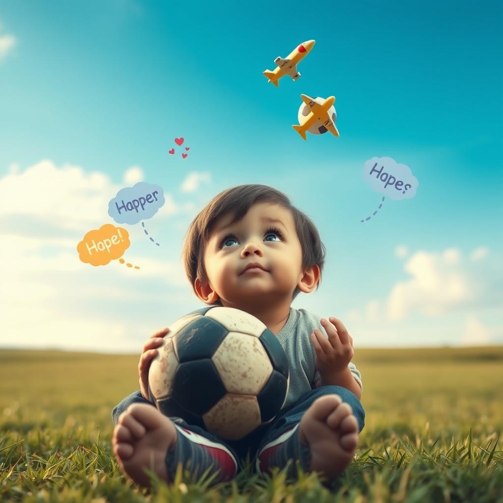 A scene featuring a child sitting in a quiet corner of an open field, gazing up at the sky or horizon while holding a worn-out soccer ball