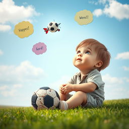 A scene featuring a child sitting in a quiet corner of an open field, gazing up at the sky or horizon while holding a worn-out soccer ball