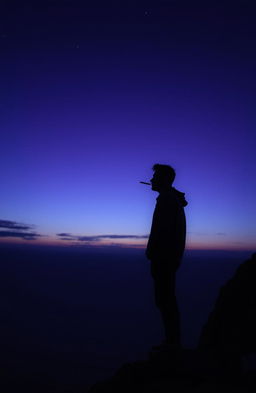 A twilight silhouette of a man standing on the edge of a rocky cliff, holding a cigarette in his mouth