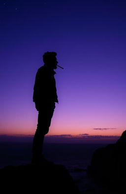 A twilight silhouette of a man standing on the edge of a rocky cliff, holding a cigarette in his mouth