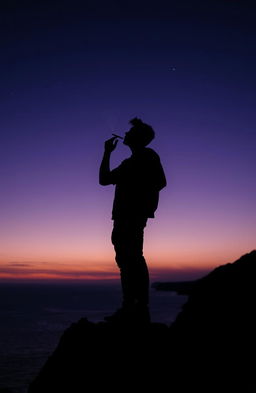 A twilight silhouette of a man standing on the edge of a rocky cliff, holding a cigarette in his mouth