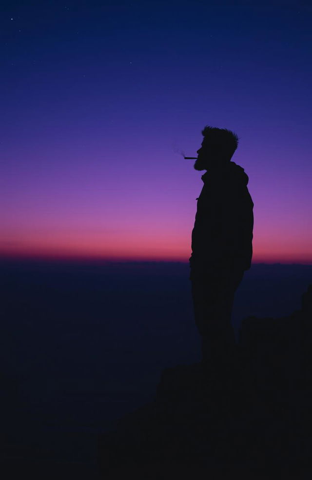 A twilight silhouette of a man standing on the edge of a rocky cliff, holding a cigarette in his mouth