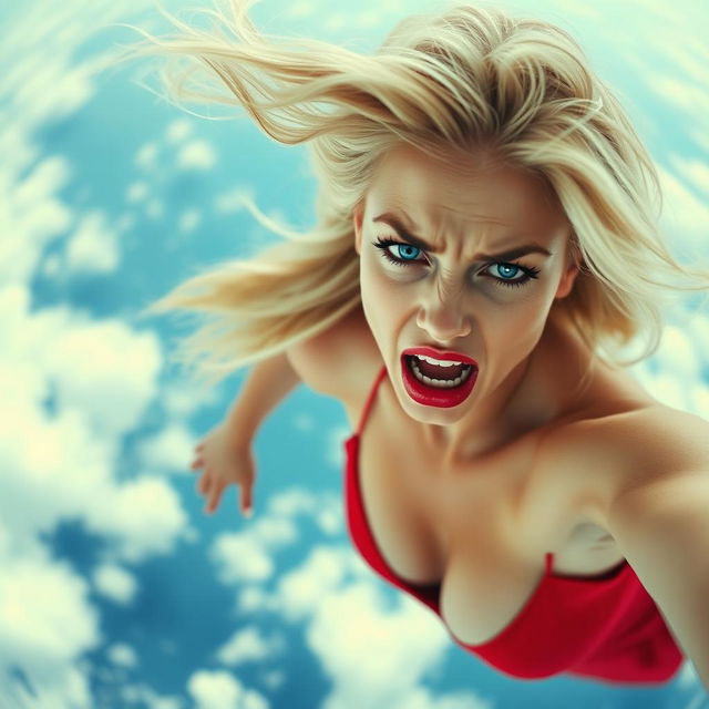 A beautiful blonde woman with striking blue eyes and vivid red lips, wearing a revealing red dress, is dramatically falling from the sky