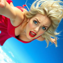 A beautiful blonde woman with striking blue eyes and vivid red lips, wearing a revealing red dress, is dramatically falling from the sky