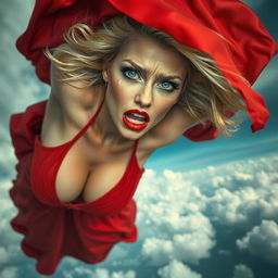 A beautiful blonde woman with striking blue eyes and vibrant red lips is depicted in a dynamic scene, falling from the sky