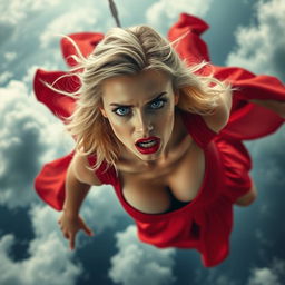 A beautiful blonde woman with striking blue eyes and vibrant red lips is depicted in a dynamic scene, falling from the sky
