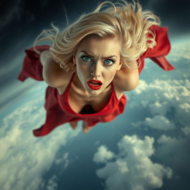 A beautiful blonde woman with striking blue eyes and vibrant red lips is depicted in a dynamic scene, falling from the sky