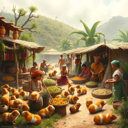 A historical representation of a guinea pig's journey from a survival animal to a ceremonial figure, featuring vivid scenes of ancient civilizations engaging with guinea pigs