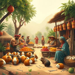 A historical representation of a guinea pig's journey from a survival animal to a ceremonial figure, featuring vivid scenes of ancient civilizations engaging with guinea pigs