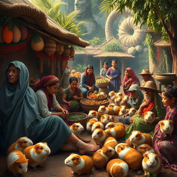 A historical representation of a guinea pig's journey from a survival animal to a ceremonial figure, featuring vivid scenes of ancient civilizations engaging with guinea pigs