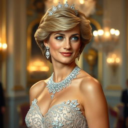 A stunning rendition of Princess Diana, elegantly dressed in a luxurious, intricate evening gown adorned with delicate embellishments