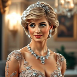 A stunning rendition of Princess Diana, elegantly dressed in a luxurious, intricate evening gown adorned with delicate embellishments