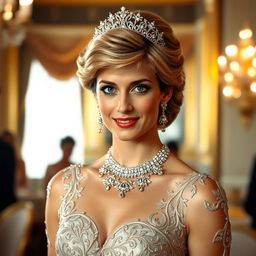 A stunning rendition of Princess Diana, elegantly dressed in a luxurious, intricate evening gown adorned with delicate embellishments
