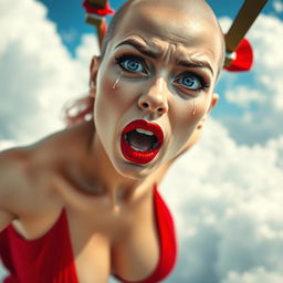 A beautiful bald woman with striking blue eyes and vibrant red lips, wearing a revealing red dress, is falling from a bright blue sky