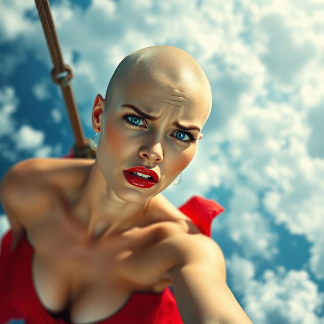 A beautiful bald woman with striking blue eyes and vibrant red lips, wearing a revealing red dress, is falling from a bright blue sky