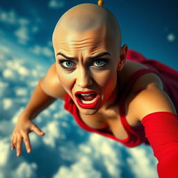 A beautiful bald woman with striking blue eyes and vibrant red lips, wearing a revealing red dress, is falling from a bright blue sky