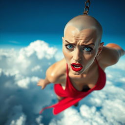 A beautiful bald woman with striking blue eyes and vibrant red lips, wearing a revealing red dress, is falling from a bright blue sky