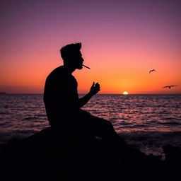 A twilight silhouette of a man sitting relaxed on the edge of a rock by the sea, holding a cigarette in his mouth