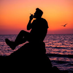 A twilight silhouette of a man sitting relaxed on the edge of a rock by the sea, holding a cigarette in his mouth