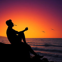 A twilight silhouette of a man sitting relaxed on the edge of a rock by the sea, holding a cigarette in his mouth