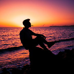 A twilight silhouette of a man sitting relaxed on the edge of a rock by the sea, holding a cigarette in his mouth
