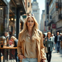 A realistic woman around 40 years old of European descent, featuring long blonde hair, dressed in fashionable closed everyday attire