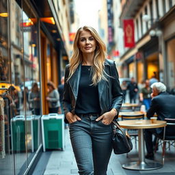 A realistic woman around 40 years old of European descent, featuring long blonde hair, dressed in fashionable closed everyday attire