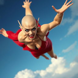 A beautiful bald elf woman with striking blue eyes and bright red lips, wearing a revealing red dress, is falling from a clear blue sky