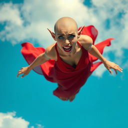A beautiful bald elf woman with striking blue eyes and bright red lips, wearing a revealing red dress, is falling from a clear blue sky