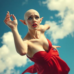 A beautiful bald elf woman with striking blue eyes and bright red lips, wearing a revealing red dress, is falling from a clear blue sky