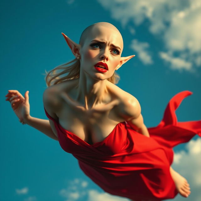 A beautiful bald elf woman with striking blue eyes and bright red lips, wearing a revealing red dress, is falling from a clear blue sky