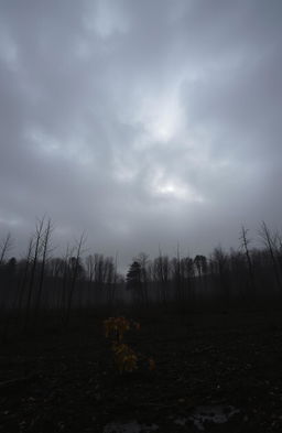 A dramatic landscape depicting the dark side of November, showcasing a gloomy, overcast sky filled with thick, swirling clouds casting shadows over a barren, leafless forest
