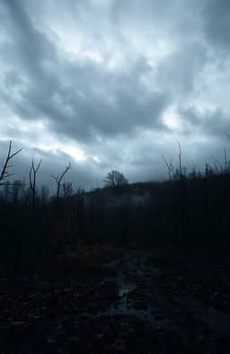 A dramatic landscape depicting the dark side of November, showcasing a gloomy, overcast sky filled with thick, swirling clouds casting shadows over a barren, leafless forest