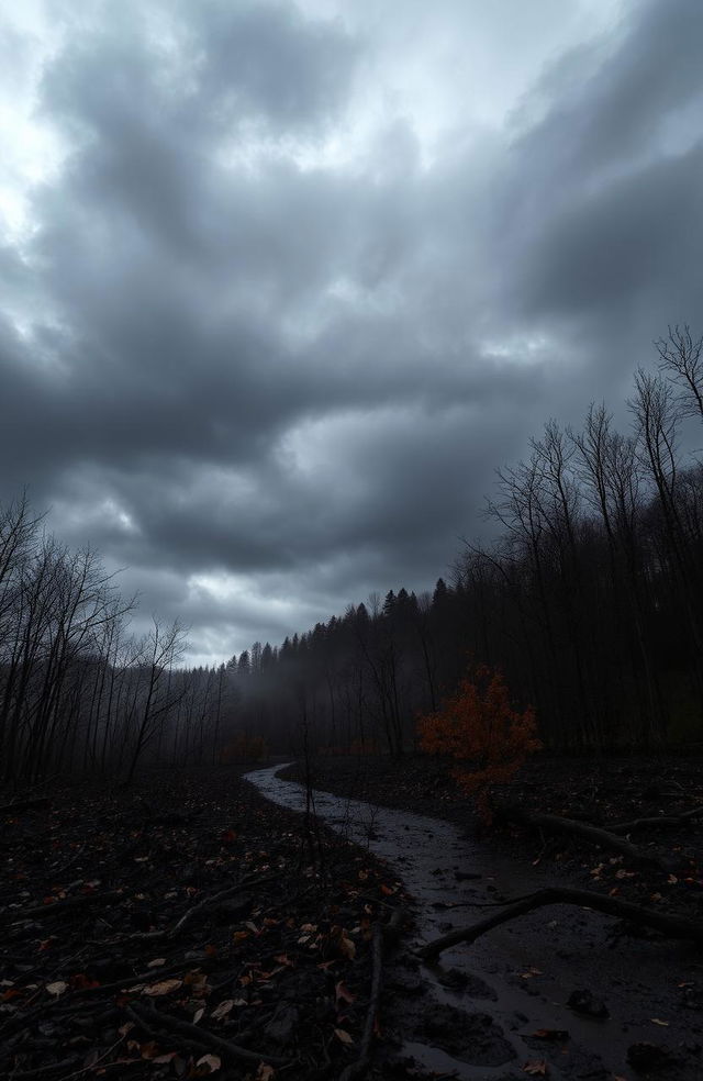 A dramatic landscape depicting the dark side of November, showcasing a gloomy, overcast sky filled with thick, swirling clouds casting shadows over a barren, leafless forest