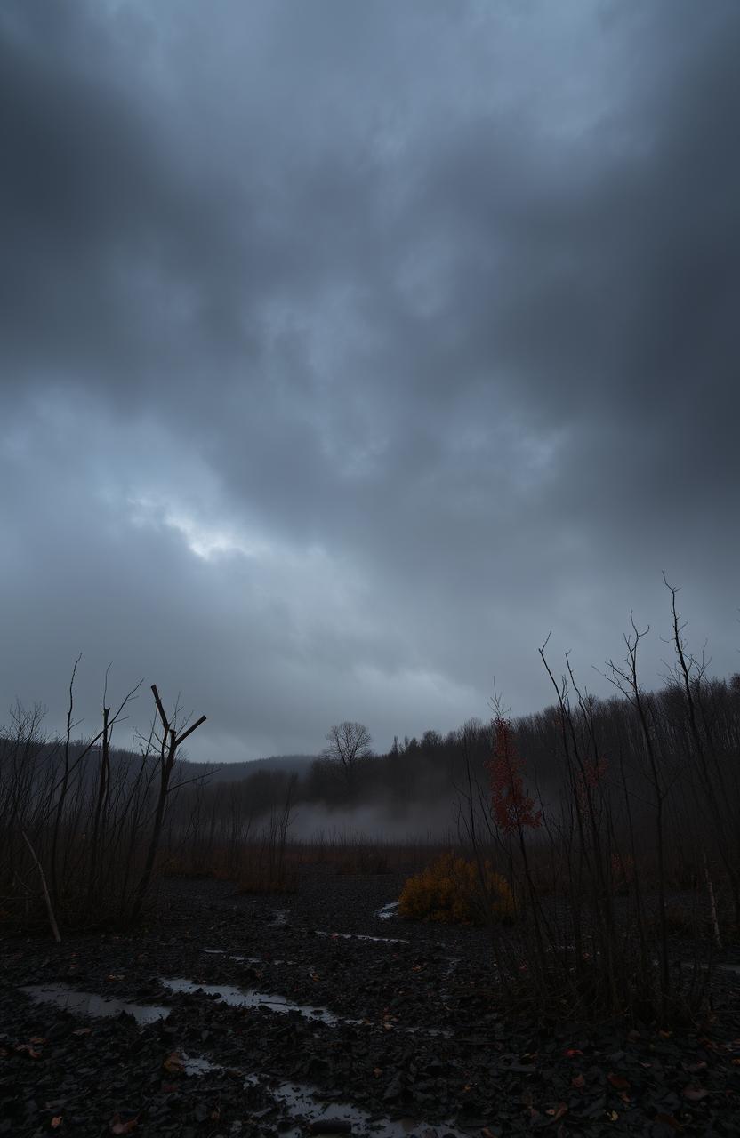 A dramatic landscape depicting the dark side of November, showcasing a gloomy, overcast sky filled with thick, swirling clouds casting shadows over a barren, leafless forest