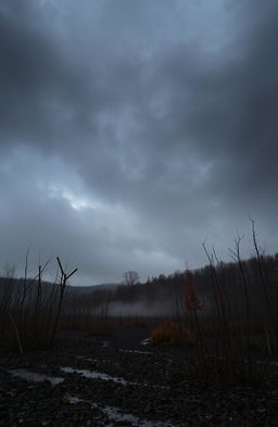 A dramatic landscape depicting the dark side of November, showcasing a gloomy, overcast sky filled with thick, swirling clouds casting shadows over a barren, leafless forest