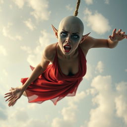 A beautiful bald elf woman with striking blue eyes and luscious red lips, wearing a revealing red dress, is gracefully falling from the sky