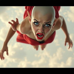 A beautiful bald elf woman with striking blue eyes and luscious red lips, wearing a revealing red dress, is gracefully falling from the sky