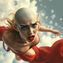 A beautiful bald elf woman with striking blue eyes and luscious red lips, wearing a revealing red dress, is gracefully falling from the sky