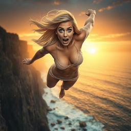 A beautiful blonde woman in elegant lingerie, hair flowing in the wind, falling off a dramatic cliff with a terrified expression on her face