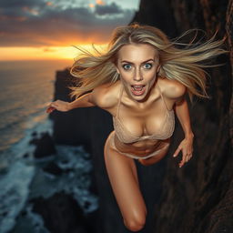 A beautiful blonde woman in elegant lingerie, hair flowing in the wind, falling off a dramatic cliff with a terrified expression on her face