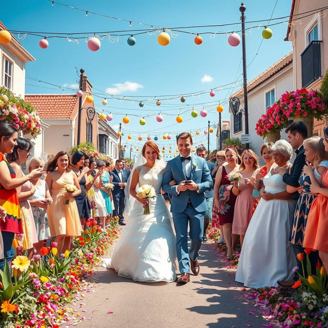 A whimsical scene featuring a wedding procession on a beautifully decorated street