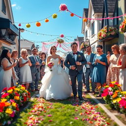A whimsical scene featuring a wedding procession on a beautifully decorated street