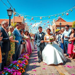 A whimsical scene featuring a wedding procession on a beautifully decorated street