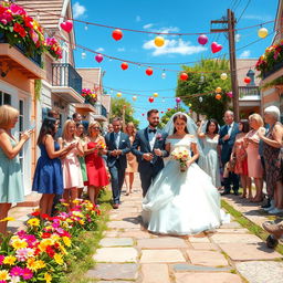 A whimsical scene featuring a wedding procession on a beautifully decorated street