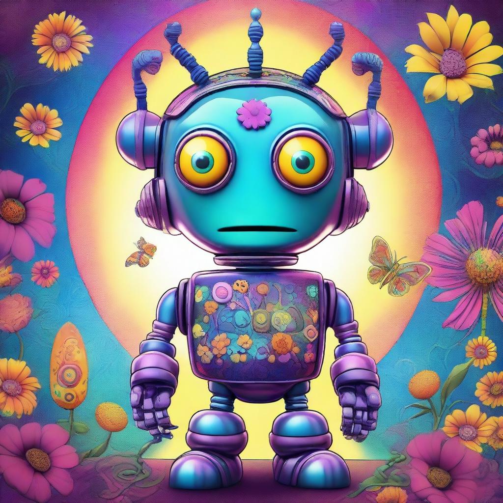 A high-quality digital art image featuring a robot alien with a hippie aesthetic