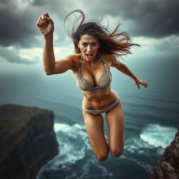 A stunning sexy woman wearing intricate lingerie, portrayed mid-fall from a cliff, with her hair flowing dramatically in the wind and an expression of fear on her face