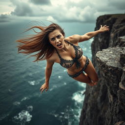 A stunning sexy woman wearing intricate lingerie, portrayed mid-fall from a cliff, with her hair flowing dramatically in the wind and an expression of fear on her face