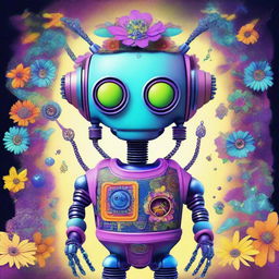 A high-quality digital art image featuring a robot alien with a hippie aesthetic