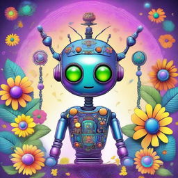 A high-quality digital art image featuring a robot alien with a hippie aesthetic